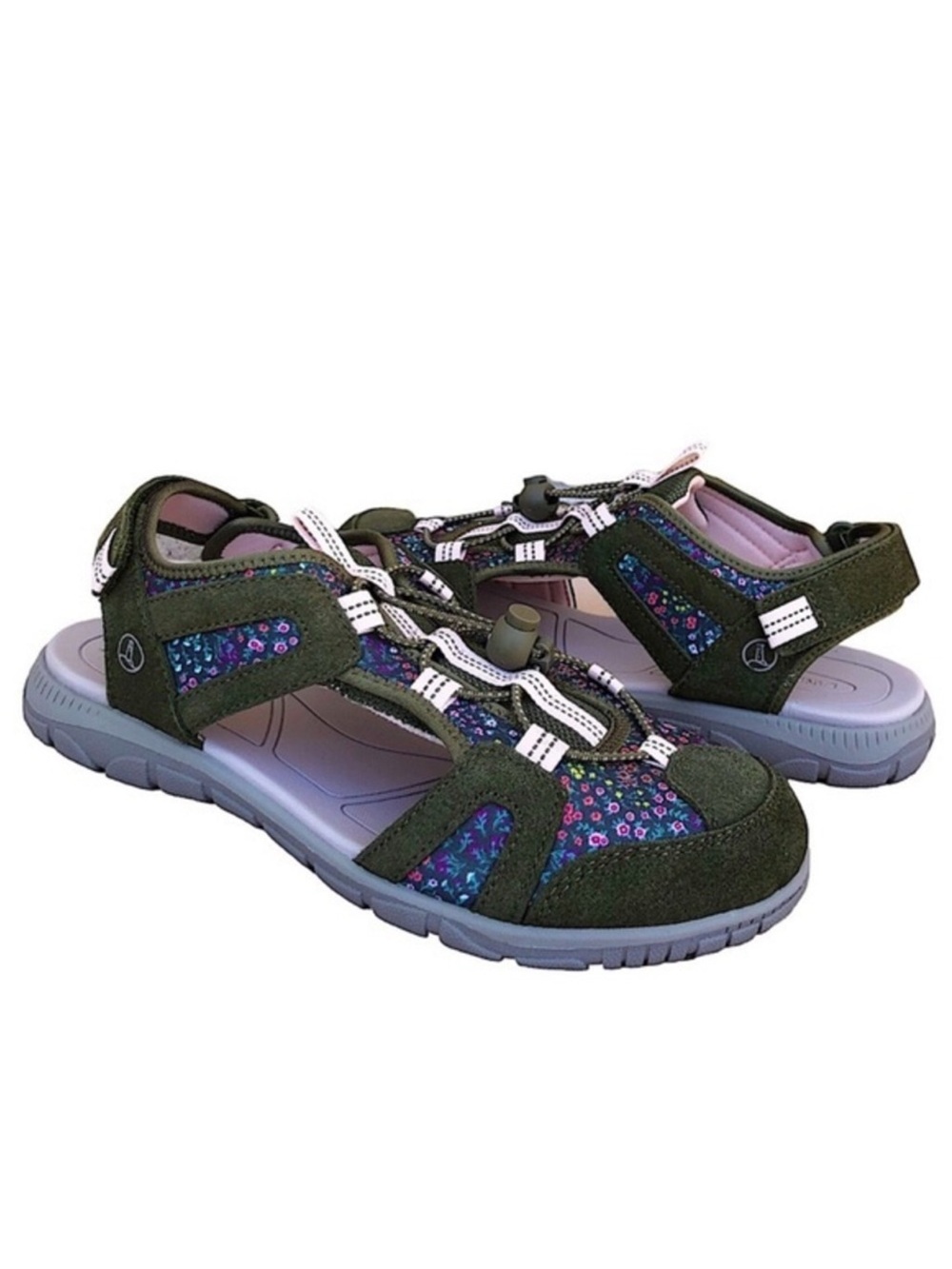 Lands End Suede Fabric Floral Green Bungee Cord Close Toe Women Sport Sandal 9B
